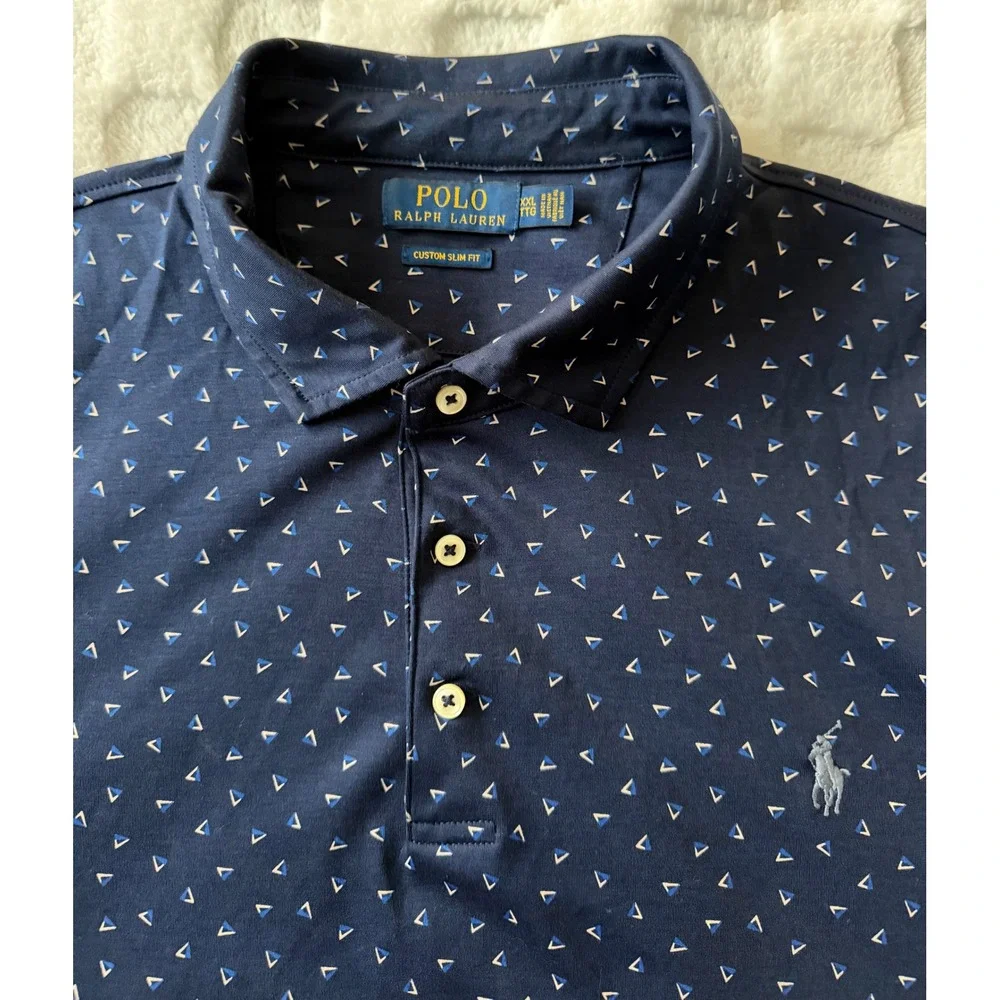 Polo Ralph Lauren Mens XXL Custom Slim Fit Navy Blue Geometric Polo Shirt - EUC